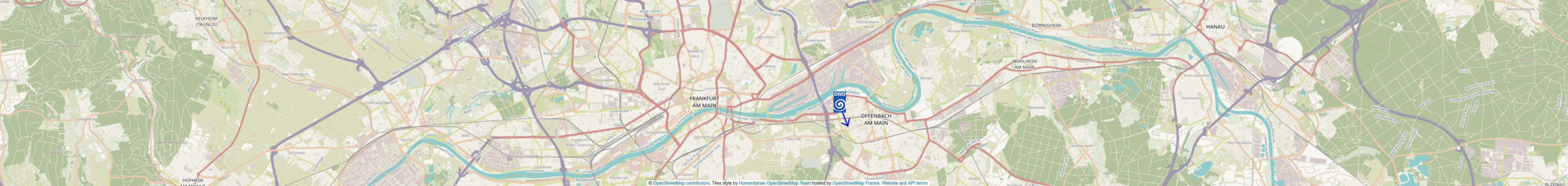 Location of the DWD Headquarters on a map with Offenbach and Frankfurt. © OpenStreetMap contributors. Tiles style by Humanitarian OpenStreetMap Team.